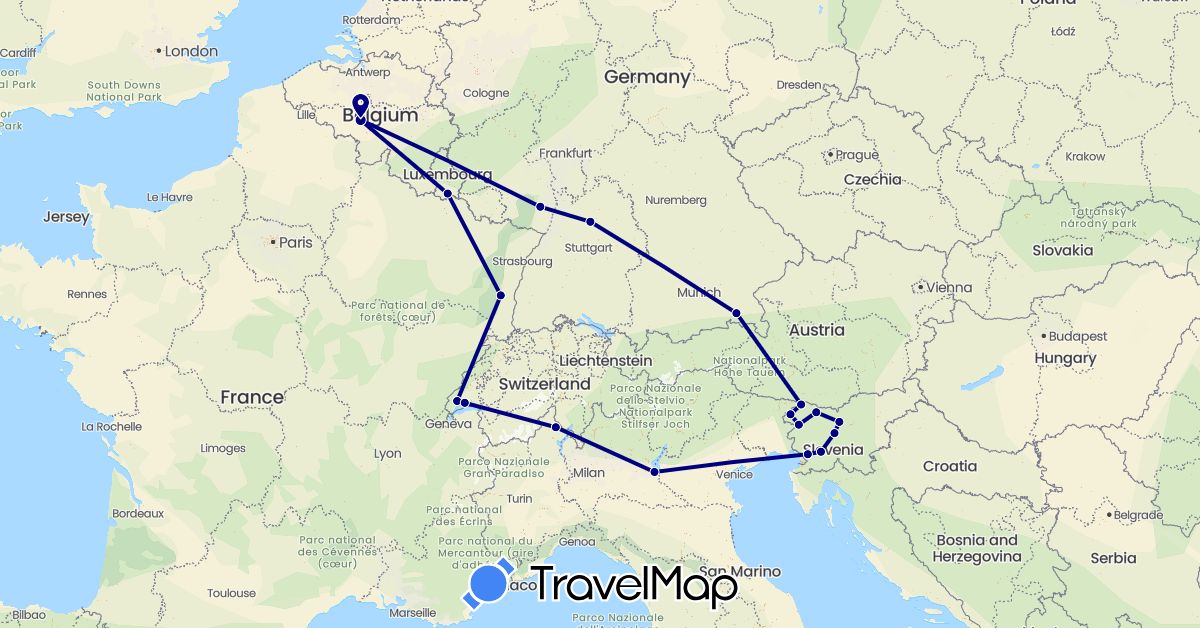 TravelMap itinerary: driving in Belgium, Switzerland, Germany, France, Italy, Luxembourg, Slovenia (Europe)